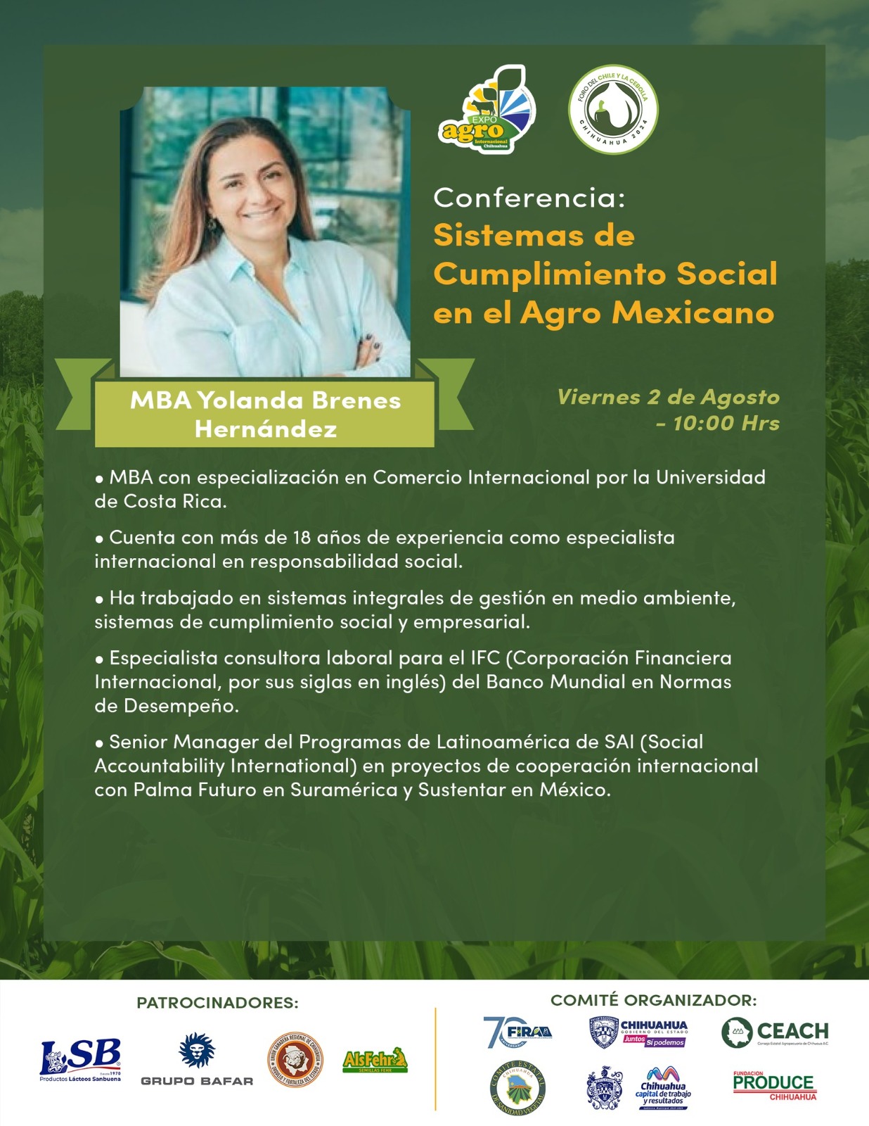 Flyer for Yolanda Brenez Hernandez' talk at the Agroexpo in Chihuahua