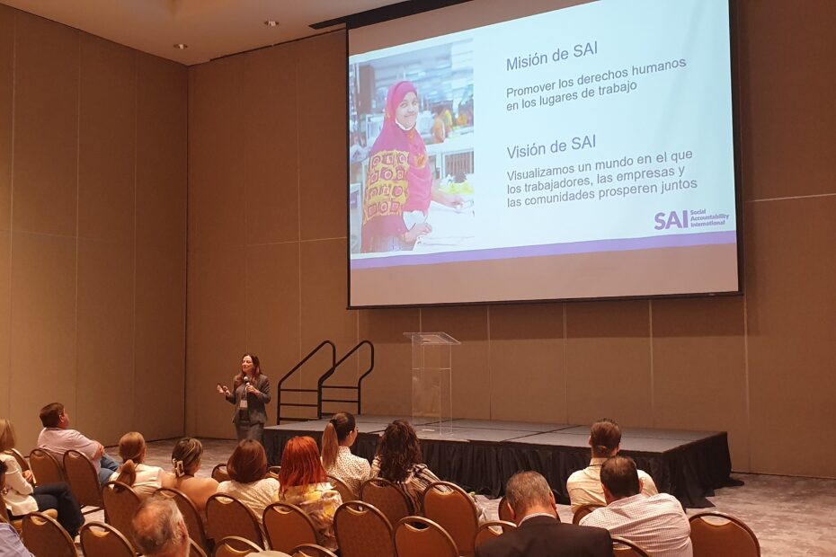 Woman speaks into microphone in front of conference room. Projector shows a slide introducing the mission and vision of Social Accountability International